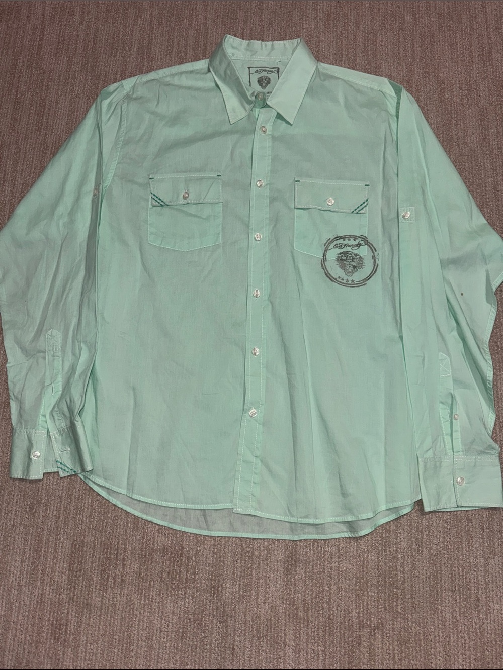 Vintage Ed Hardy Mens XL Mint Green Graphic Long Sleeve Button Up Shirt Y2K